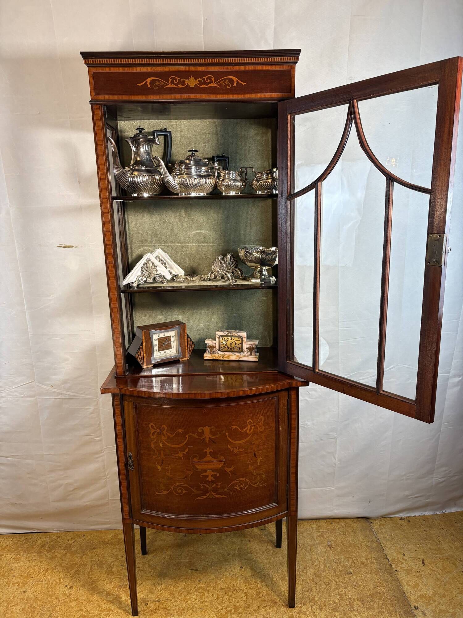 Stunning Antique Edwardian Inlaid Mahogany Bow-Front Silver Display Cabinet
