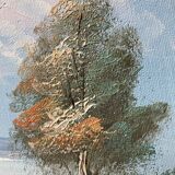 Tableau ancien huile sur toile jeune fille au lac signé