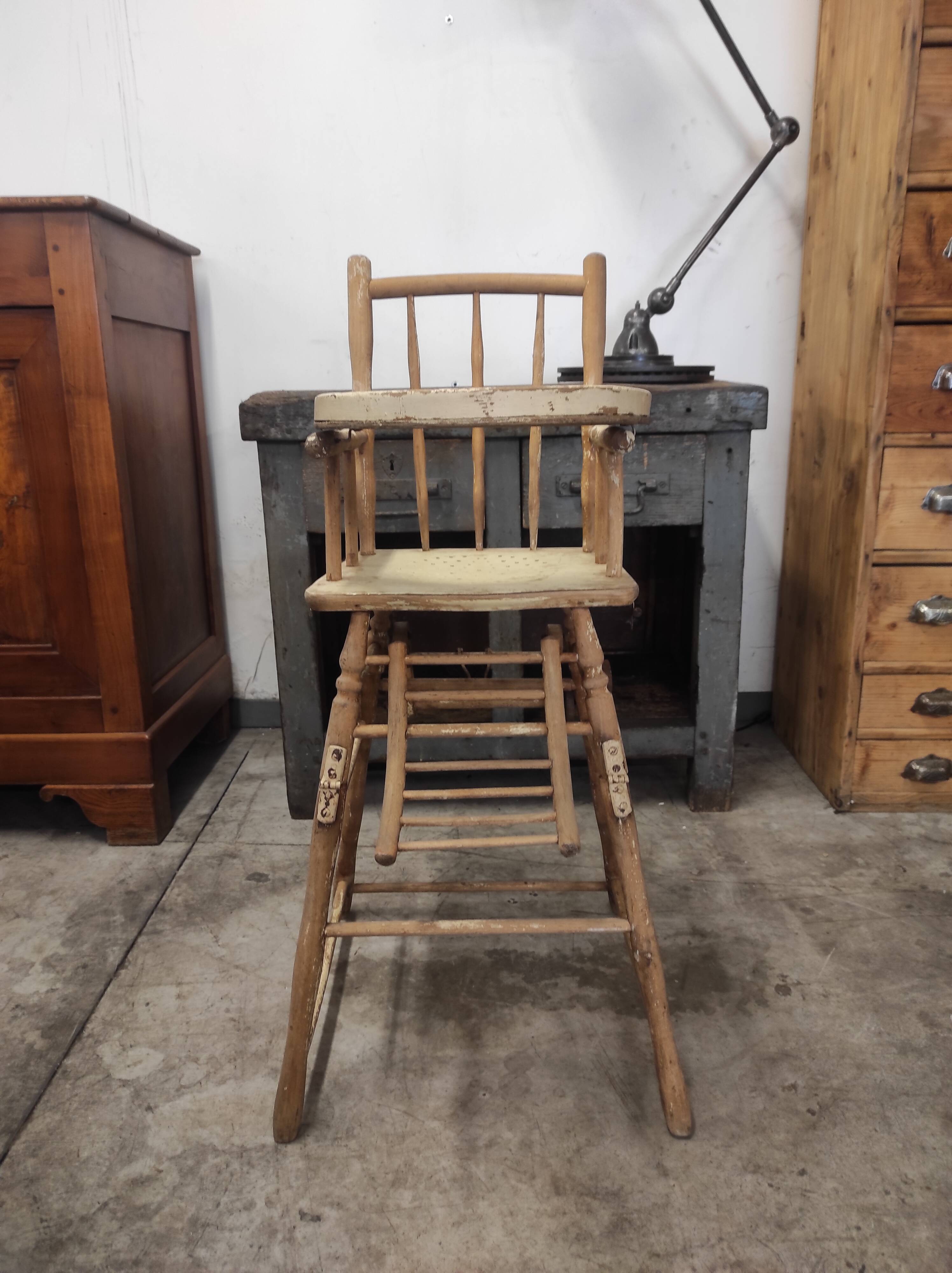 High chair retro baby old wood beech modular patinated white cream art deco dlg Baumann