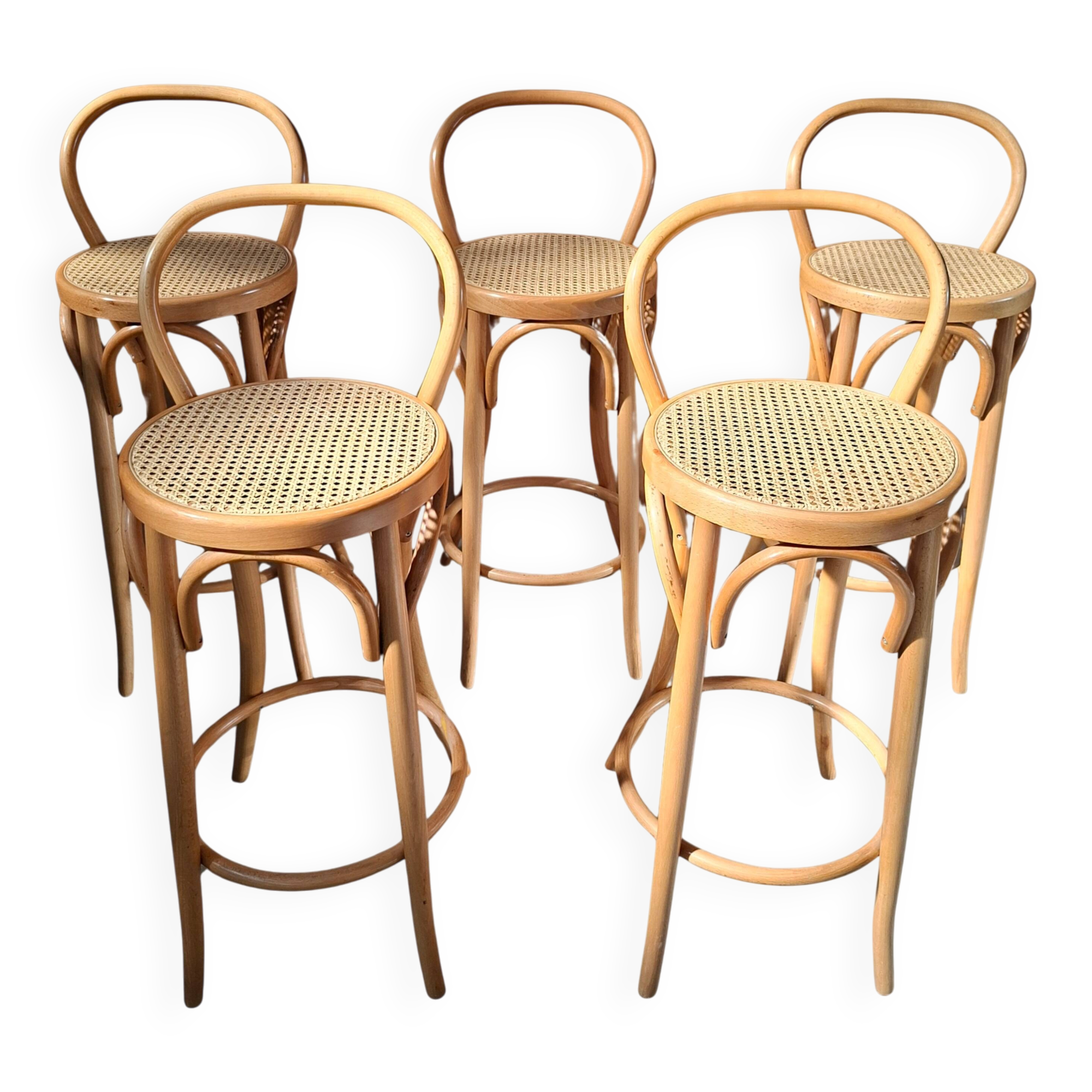 Set di 5 Sgabelli Thonet Style in Legno Curvato e Paglia di Vienna '70
