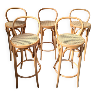 Set di 5 Sgabelli Thonet Style in Legno Curvato e Paglia di Vienna '70