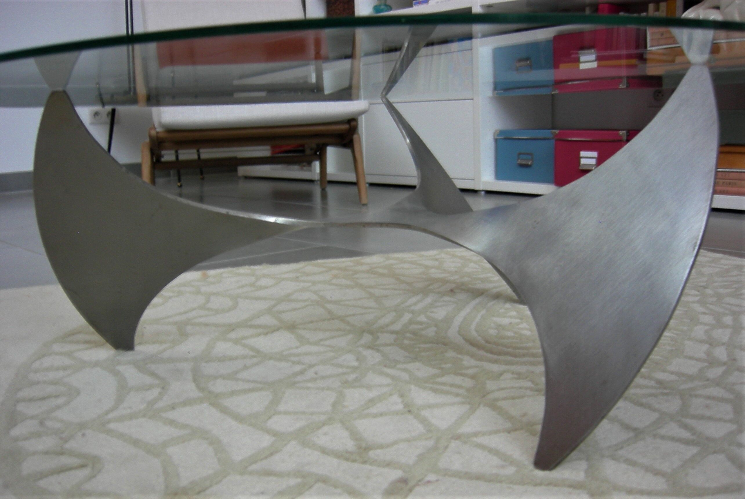 Propeller Round Coffee Table (Helix) by Knut Hesterberg Glass Plate and Metal Base