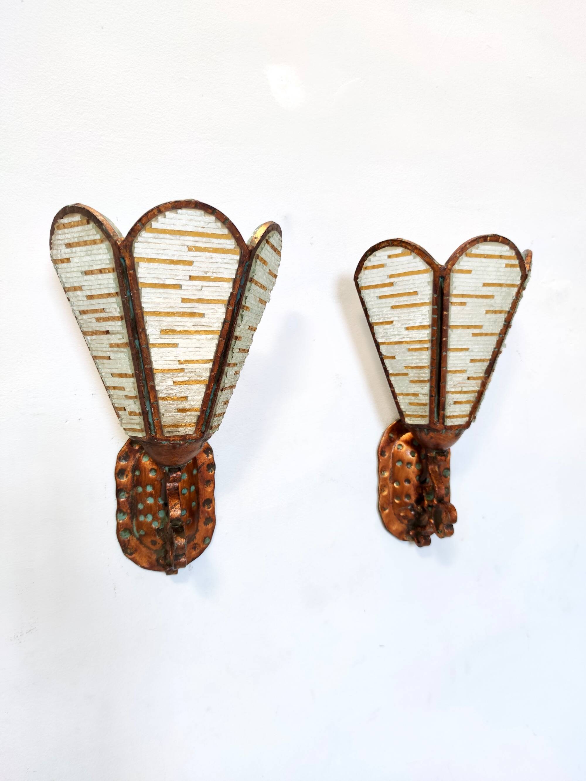Pair of Copper and Murano Glass Appliques / Wall Lights, Italy