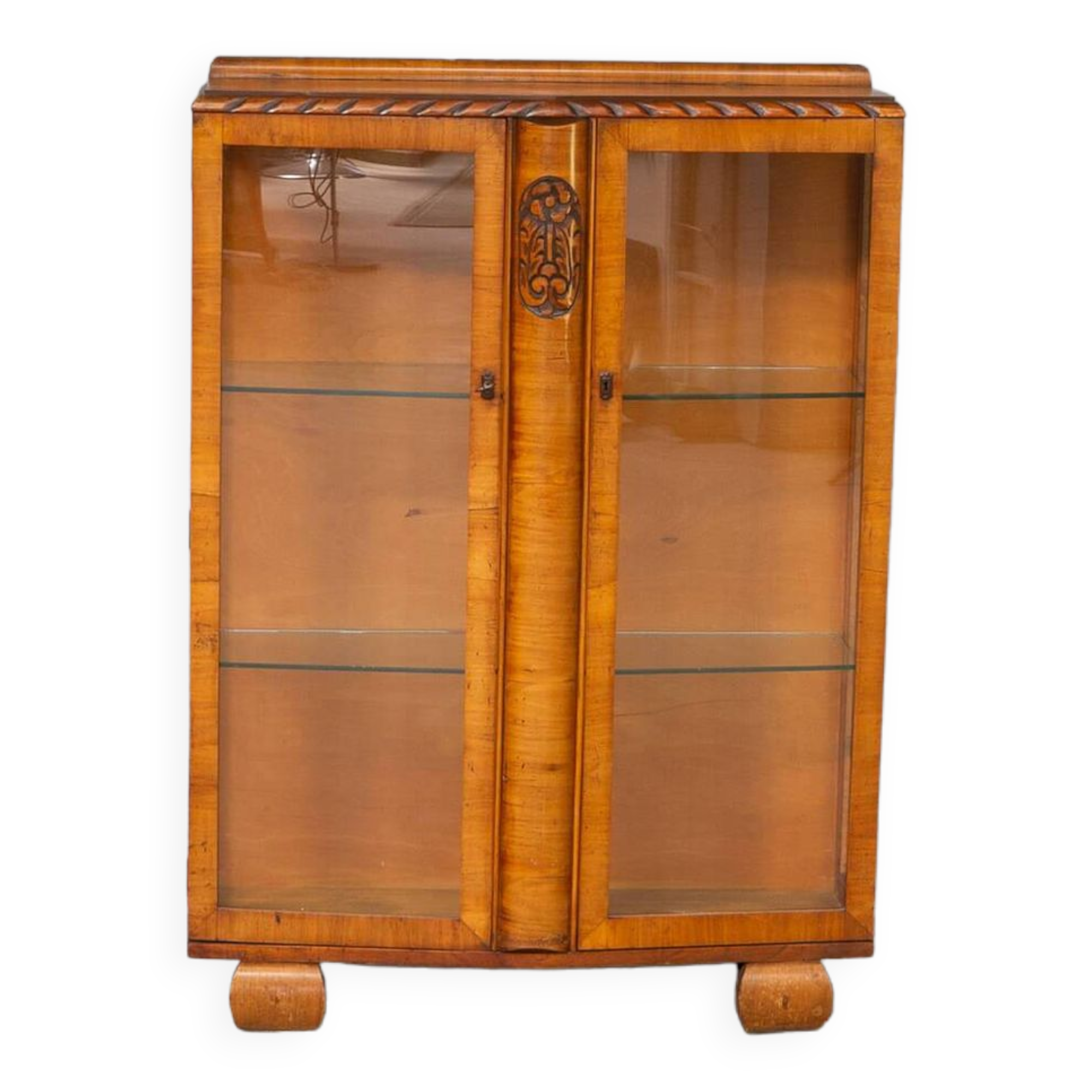 Art Deco burl walnut and glass cabinet