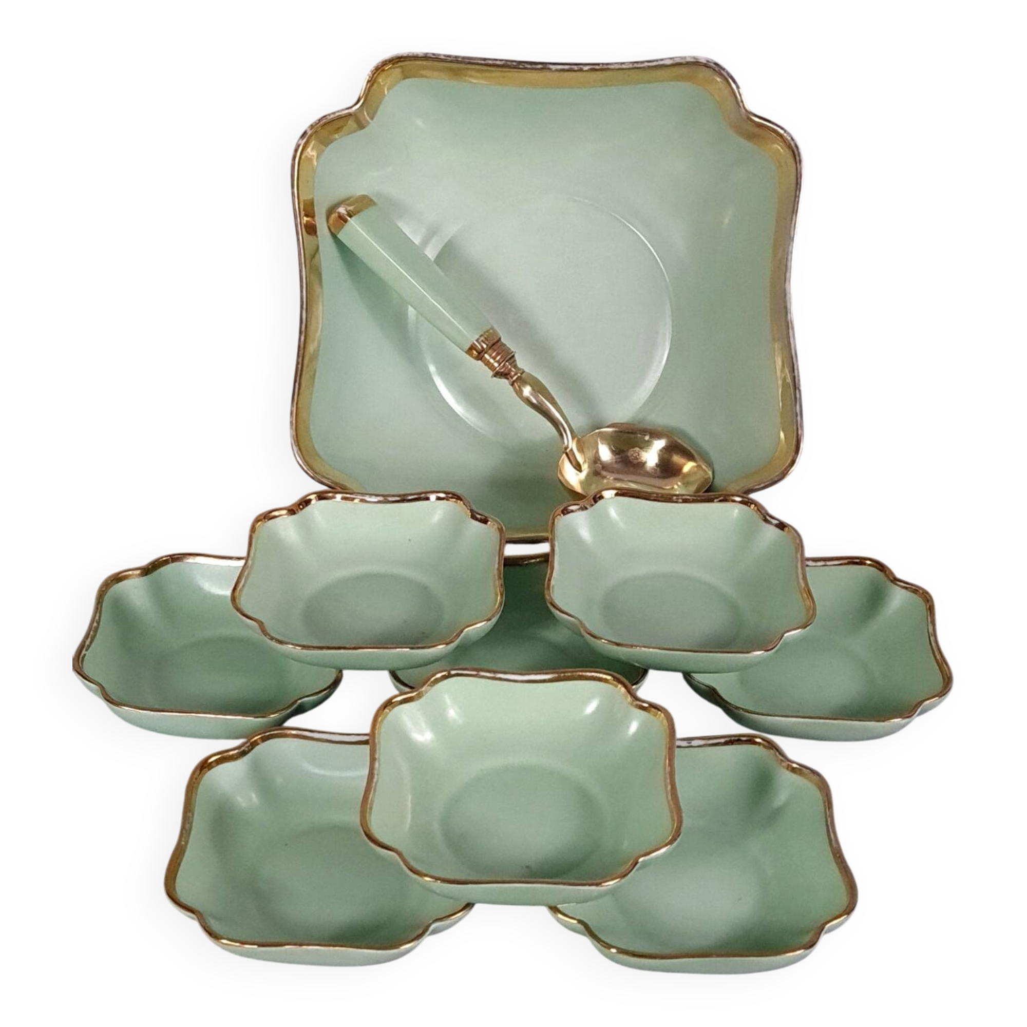 Antique Limoges green & gold porcelain dessert / cream service C593