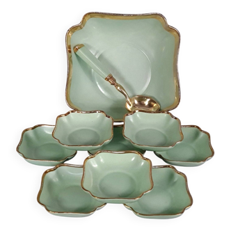 Ancien service à dessert / crème porcelaine vert d'eau & doré Limoges C593
