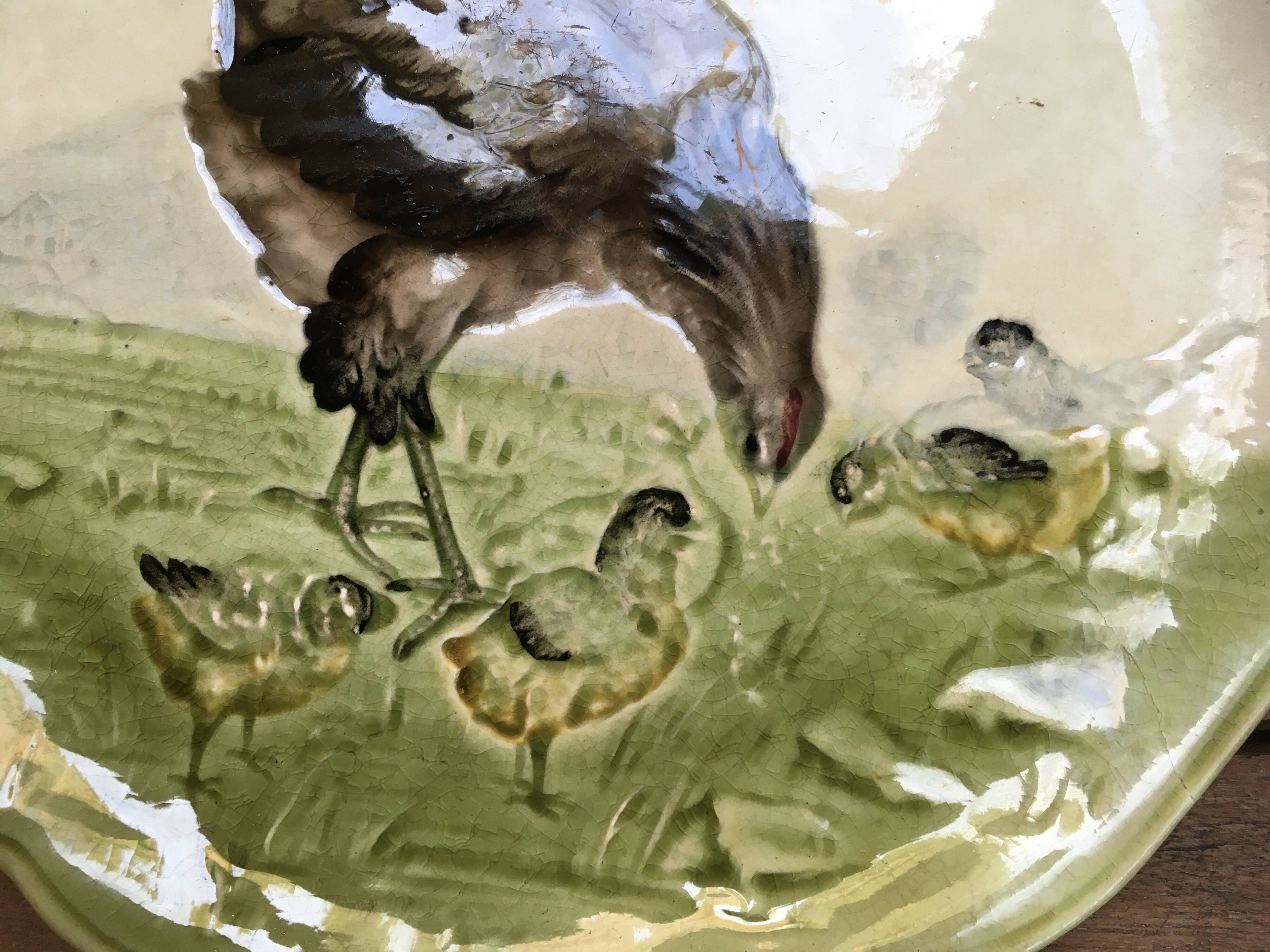 19th century majolica plate Hen and Chicks Choisy Le Roi