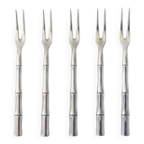 Five silver-plated metal appetizer forks with bamboo-style handles