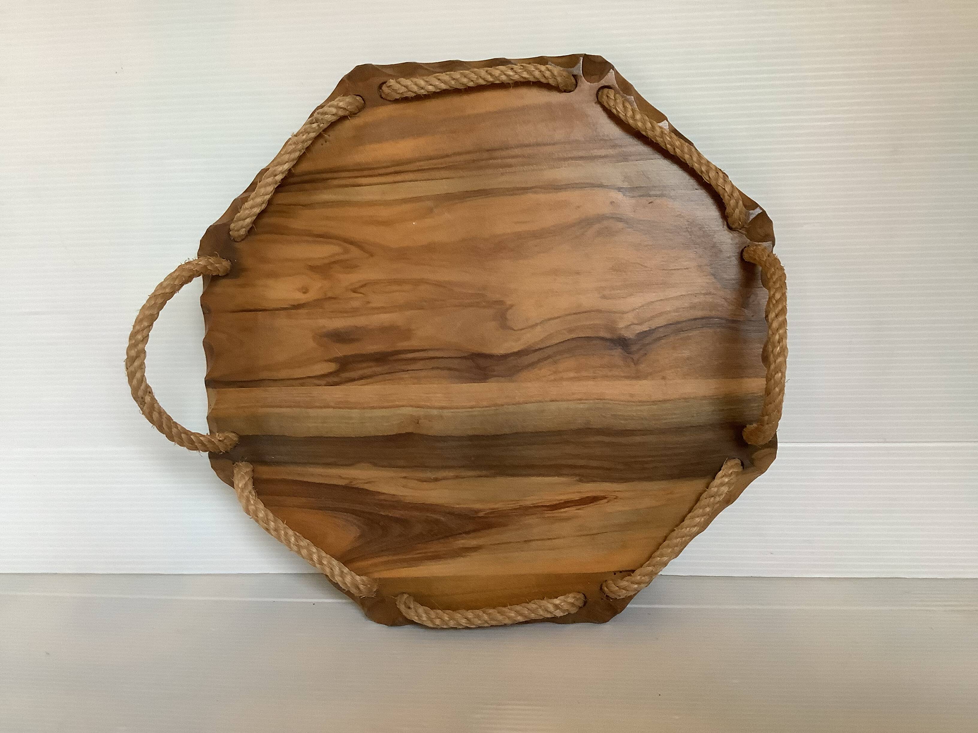 Small octagonal tray made of wood and rope.