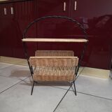 Magazine rack in the style of Raoul Guys, rattan and iron structure, vintage 1950s