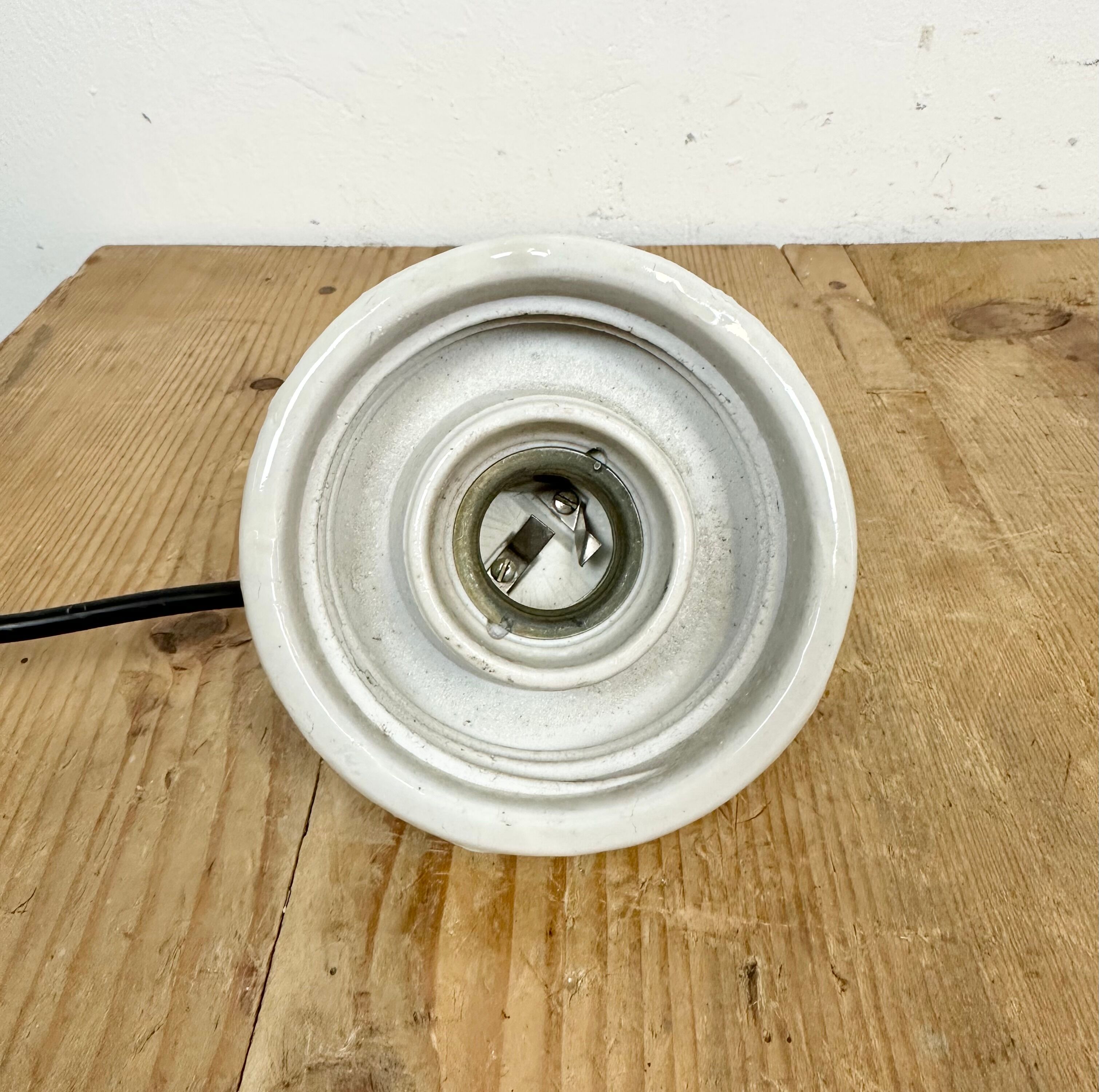 Vintage White Porcelain Pendant Light with Ribbed Glass, 1970s