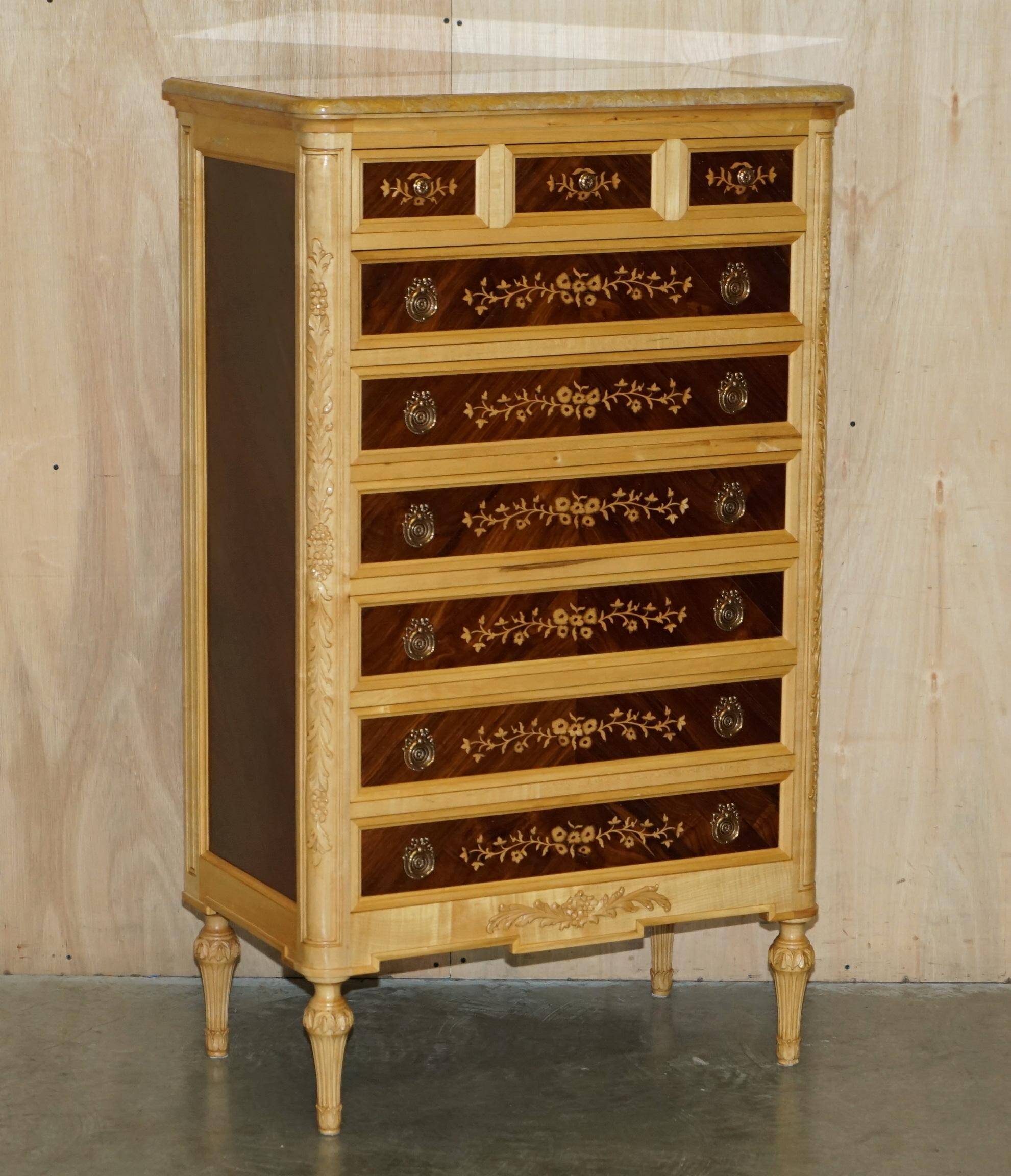 Pair of tall hardwood chests of drawers, walnut and marble.