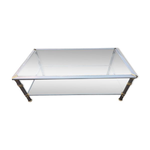 table de salon 1970 métal alu brosse et doré verre biseauté