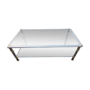 table de salon 1970 métal alu brosse et doré verre biseauté