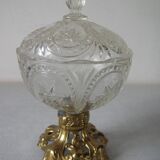 Old candy box sugar bowl molded glass pot on brass base decorative centerpiece