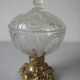 Old candy box sugar bowl molded glass pot on brass base decorative centerpiece