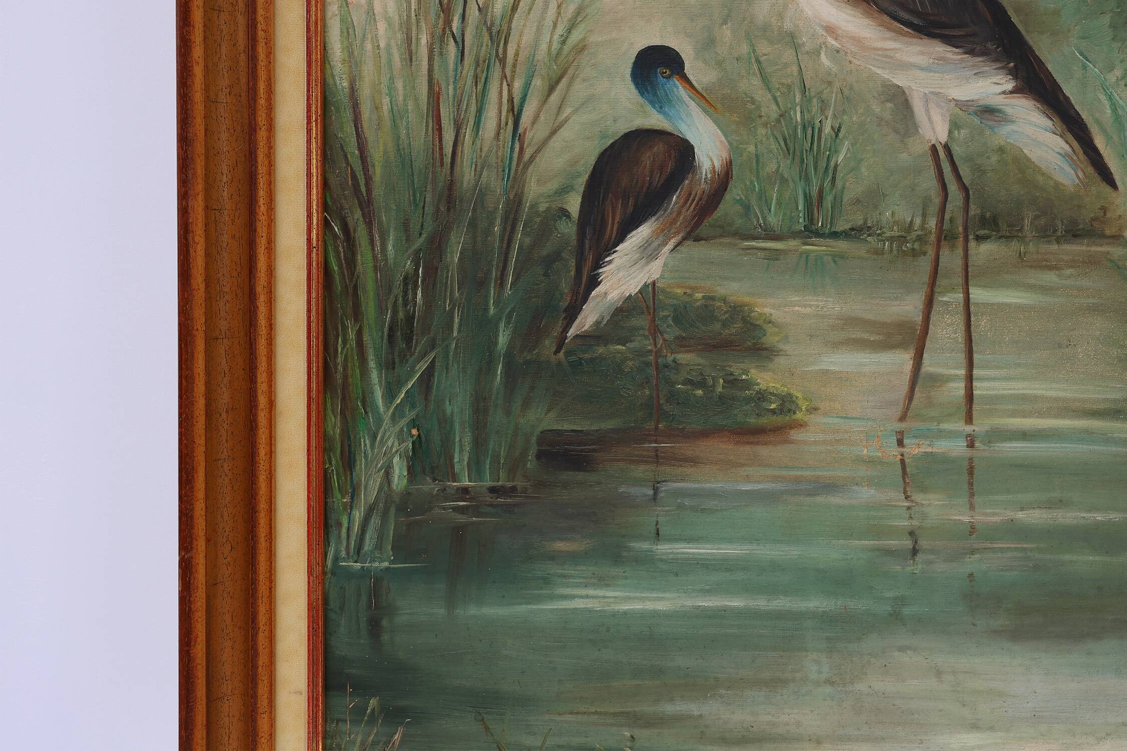 Large decorative painting of birds in water, France 1960s