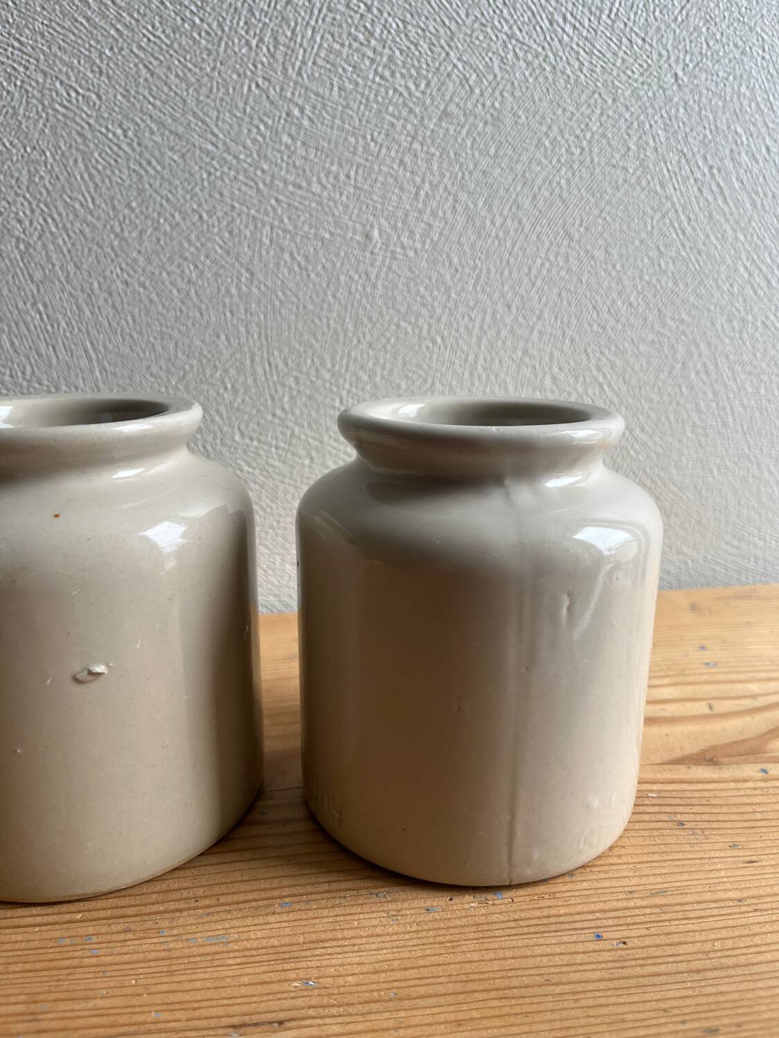 Old glazed stoneware mustard pots