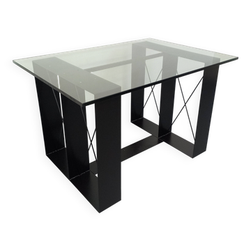 Vintage rectangular high table in glass and black metal from the 1980s.