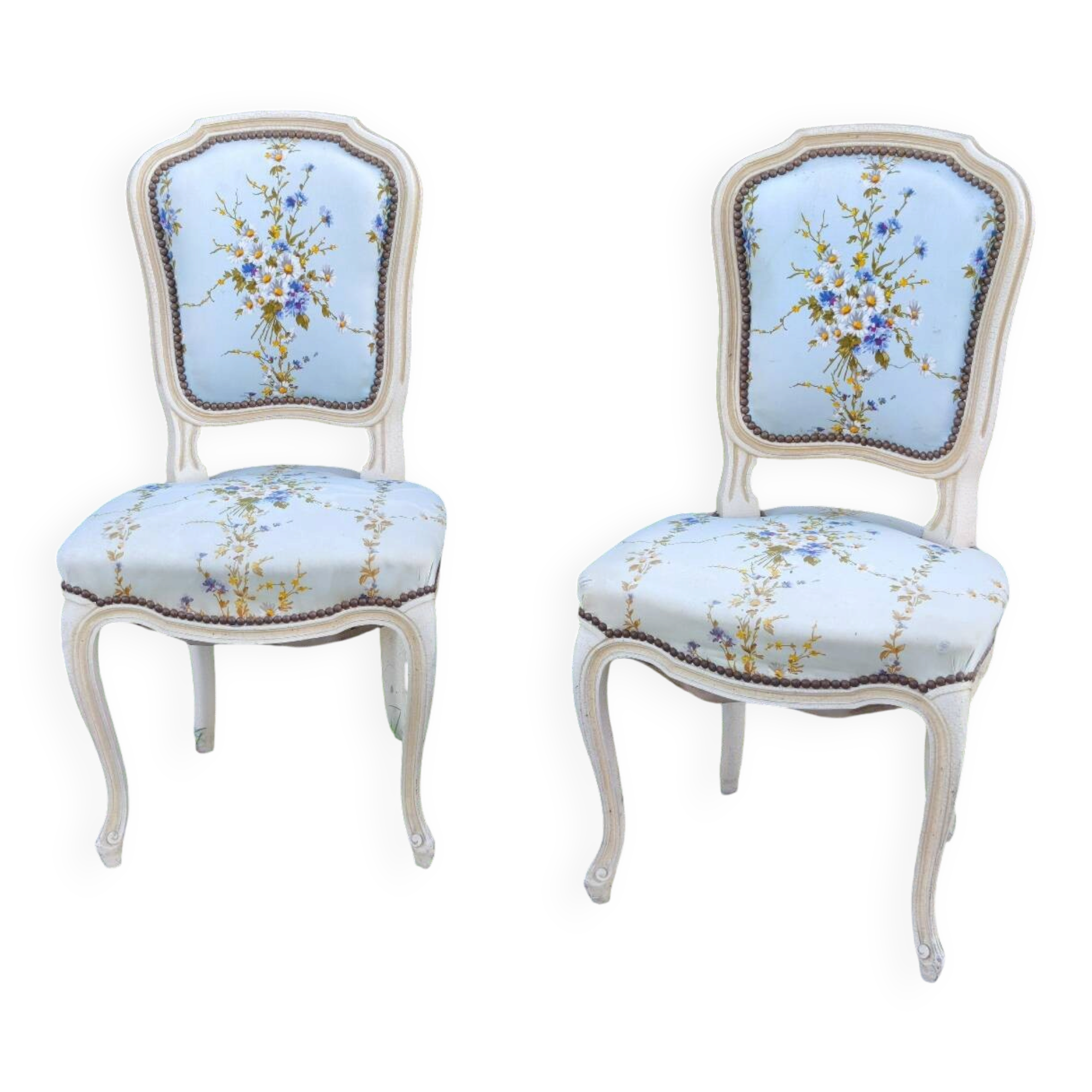 Paire de chaises cabriolet de style Louis XV patinées – tissu fleuri a