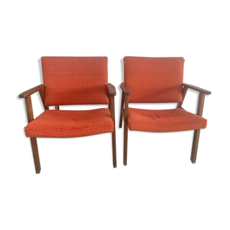 Fauteuils années 60 laine orange et bois