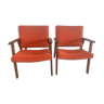 Fauteuils années 60 laine orange et bois