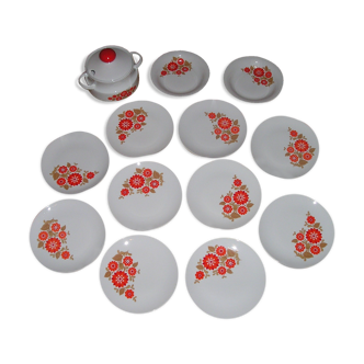 Lot de 12 assiettes et 1 soupière porcelaine Mitterteich Bavaria, 1970