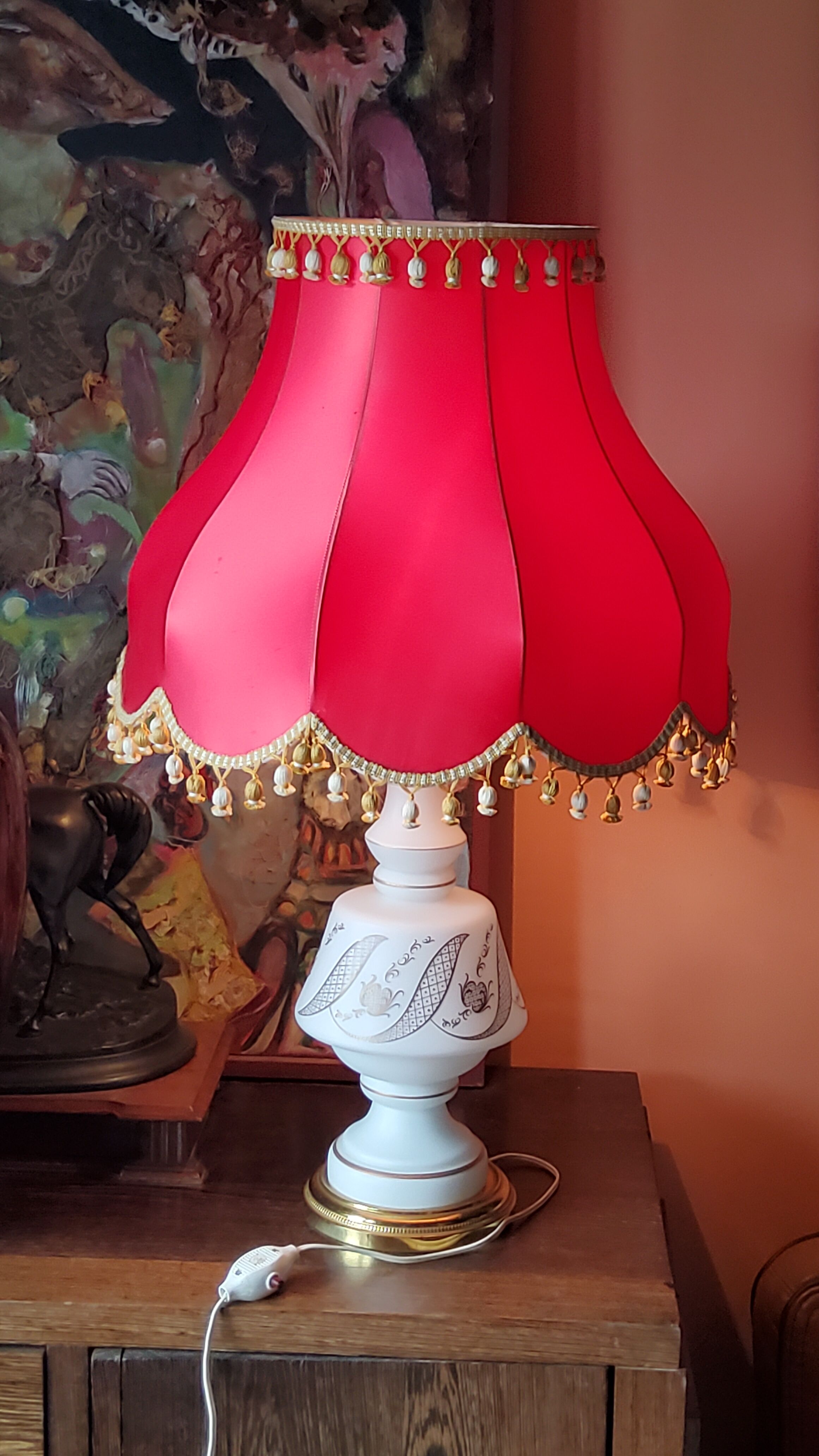 Vintage lamp of the 50s in white and golden opaline glass lampshade in red satin 75cm