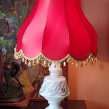 Vintage lamp of the 50s in white and golden opaline glass lampshade in red satin 75cm