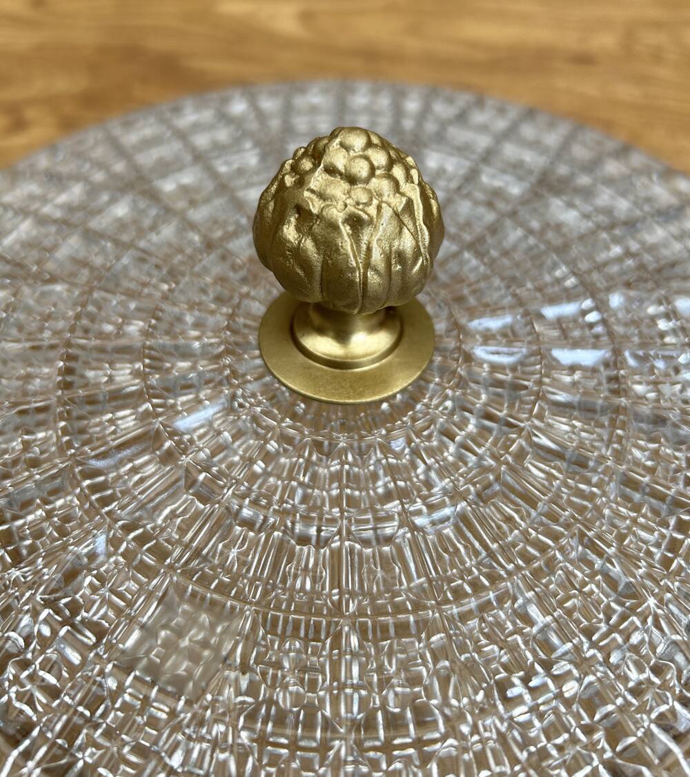 Lucien Gau ceiling light, crystal and old gold brass, vintage
