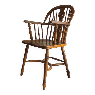 Chaise Windsor à dossier lyre en chêne massif du milieu du siècle, années 1960-70