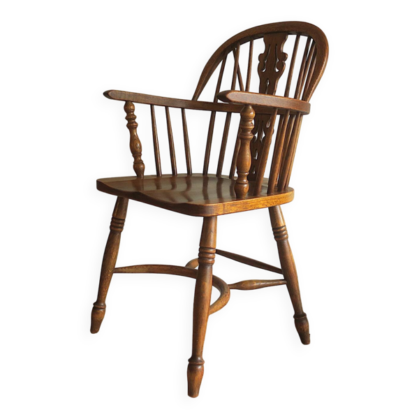 Chaise Windsor à dossier lyre en chêne massif du milieu du siècle, années 1960-70