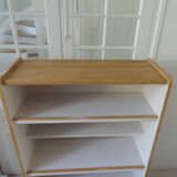 Vintage bookshelf in oak veneer, pearl grey interior, metal legs.