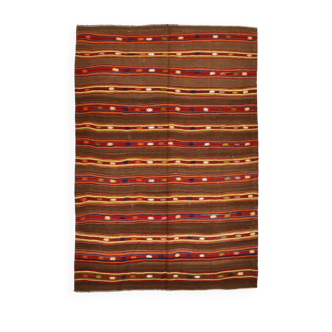 Tapis Kilim vintage marron et rouge fait main 5x7, 153x220 cm