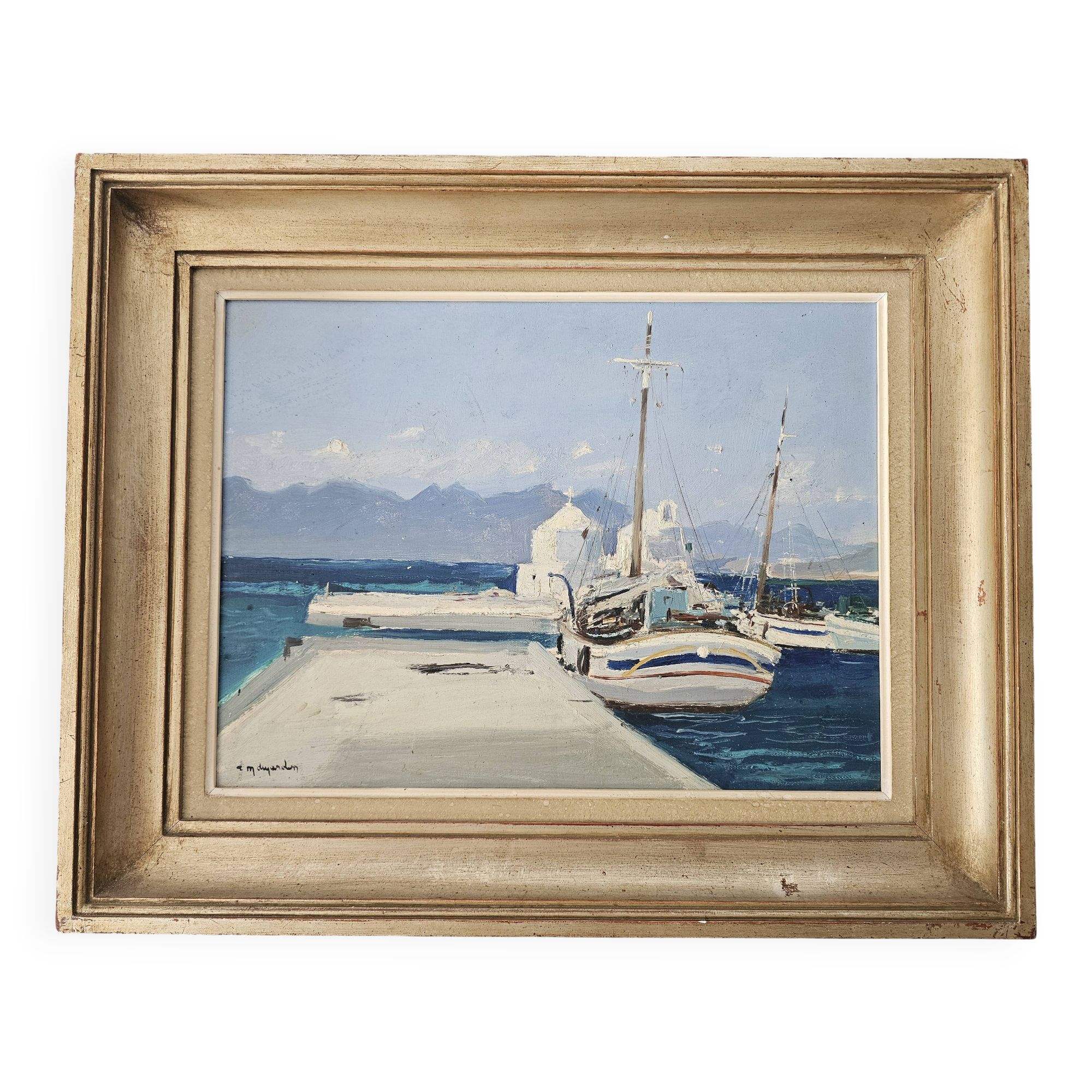 Tableau Huile sur Carton Paysage Grèce Marine - Signé René Marie Dujardin