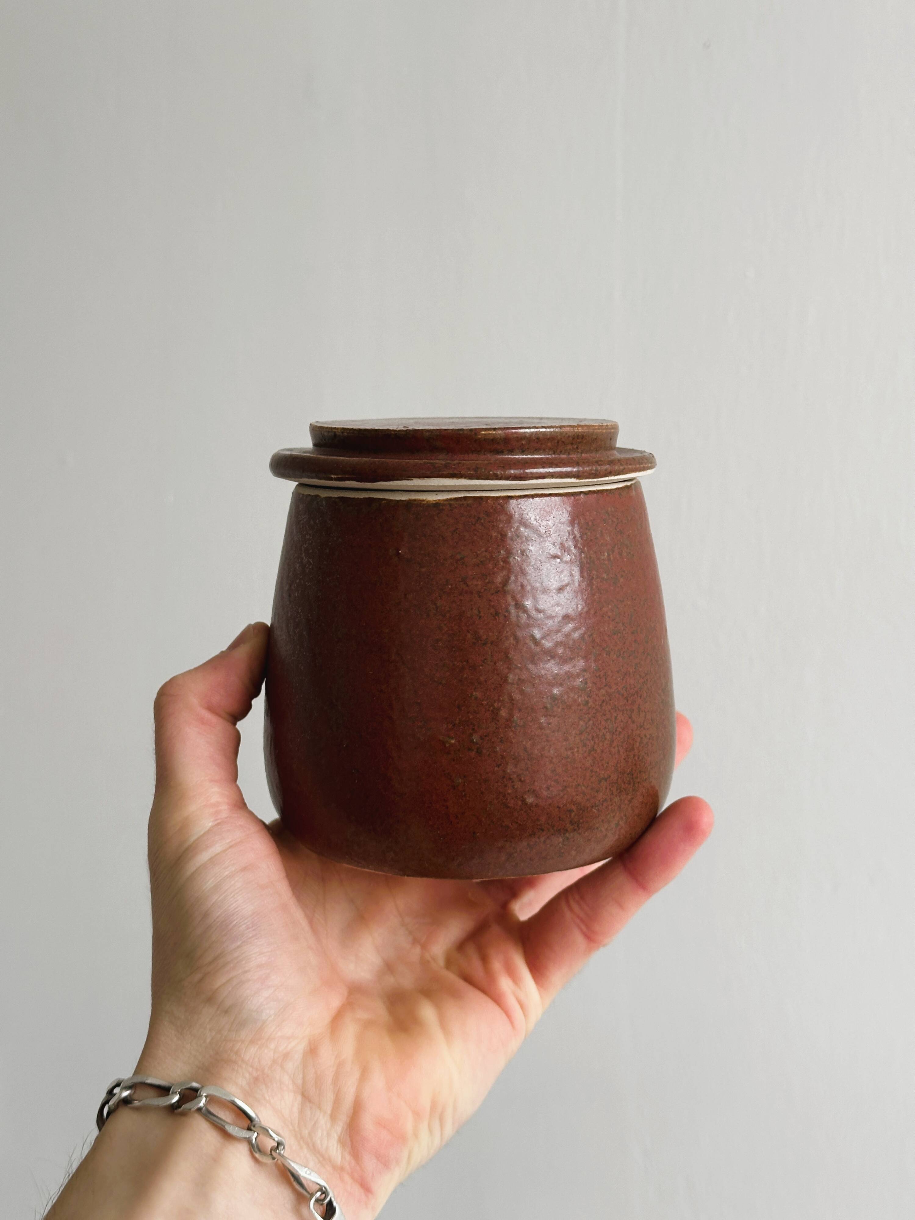 Antique butter dish in burgundy glazed stoneware