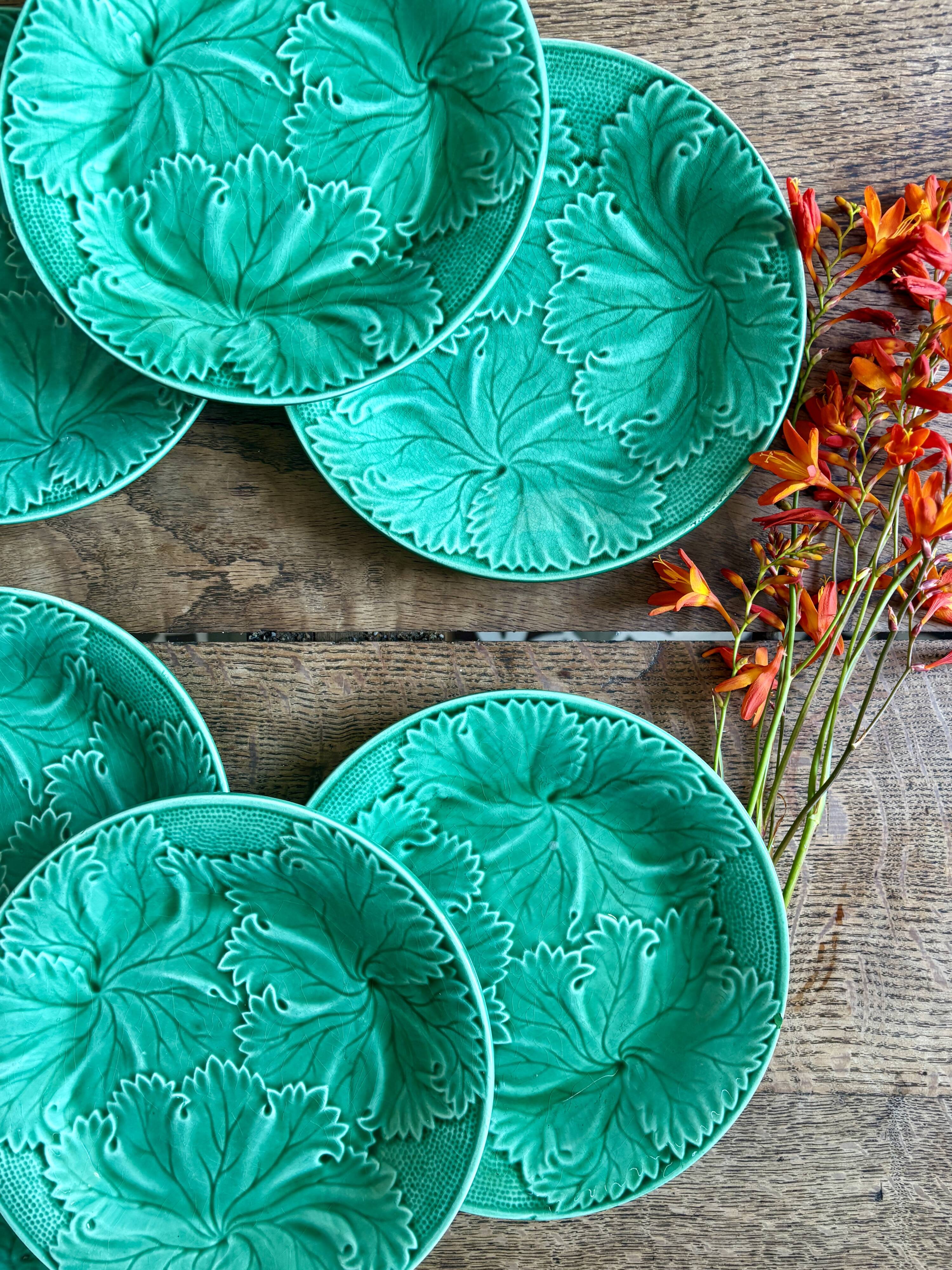 Set of 8 vintage green faience dessert plates, majolica.