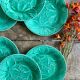 Set of 8 vintage green faience dessert plates, majolica.