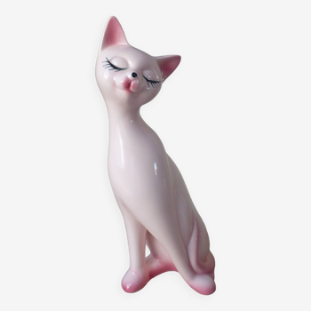 Large Vintage Pink Ceramic Cat Statue from the 1970s/1980s