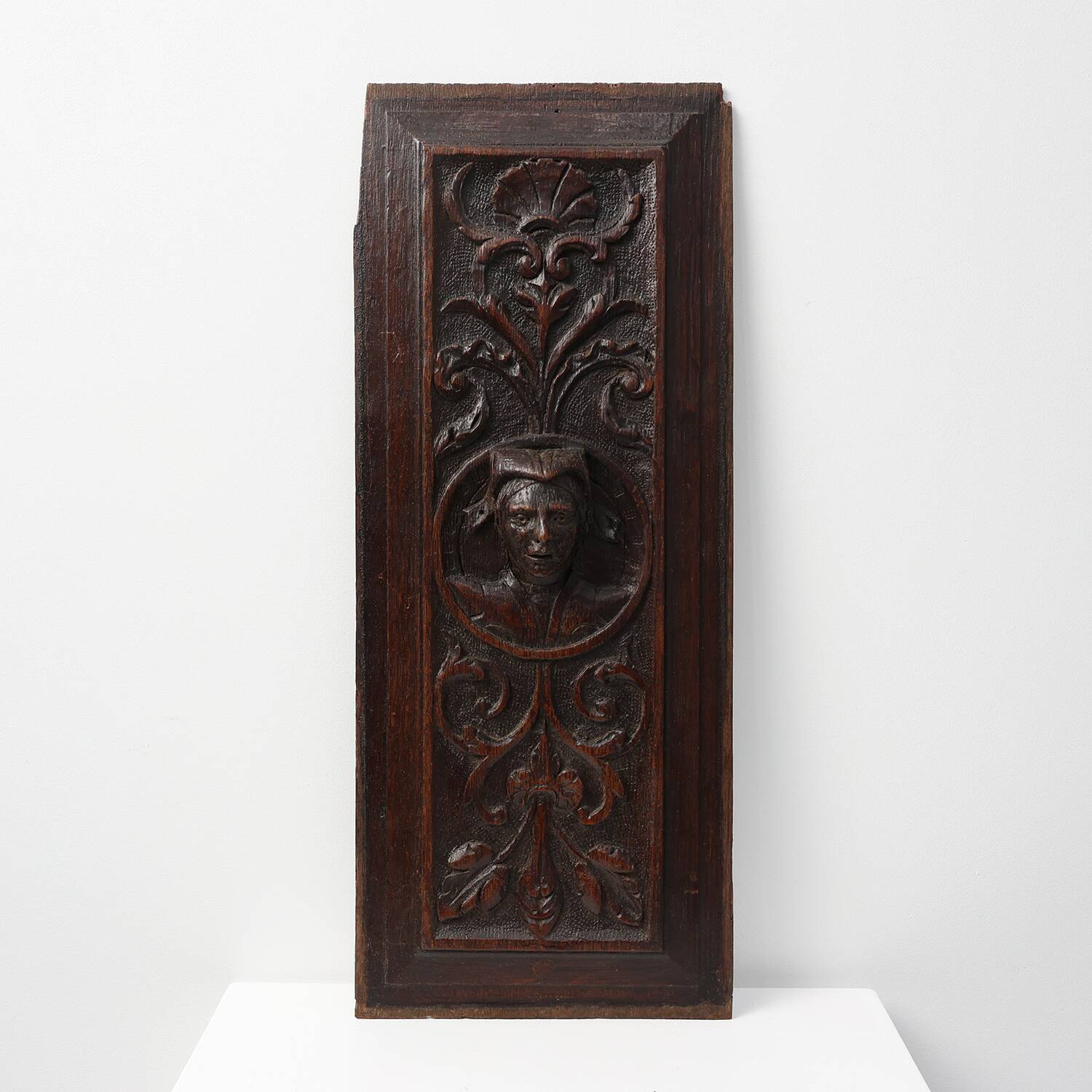 Flemish Renaissance Carved Oak Panel with Female Portrait Medallion
