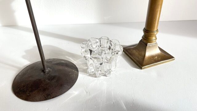 Trio de bougeoirs laiton cristal métal vintage