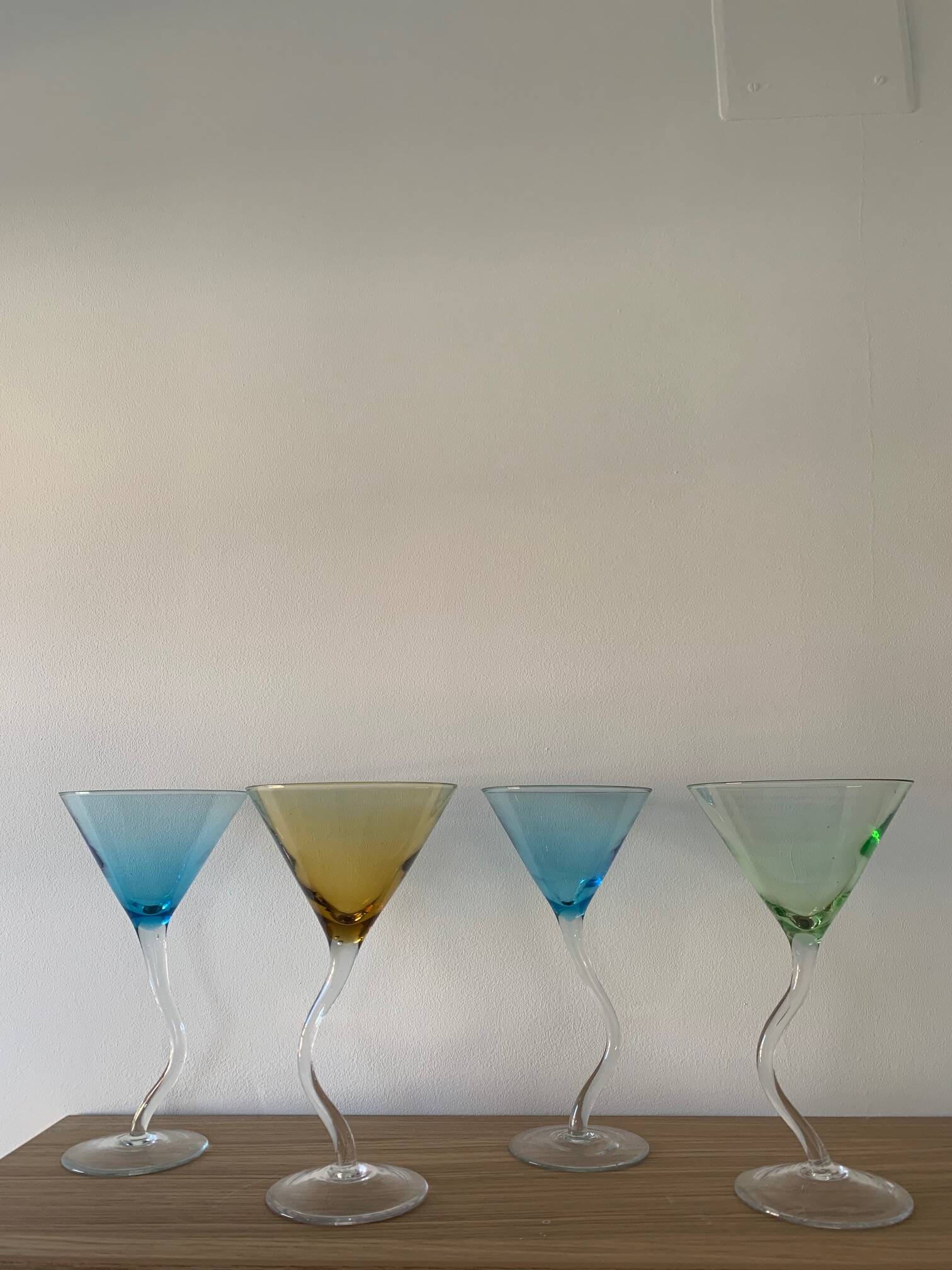 Set of 4 multi-colored dancing cocktail glasses, 1990