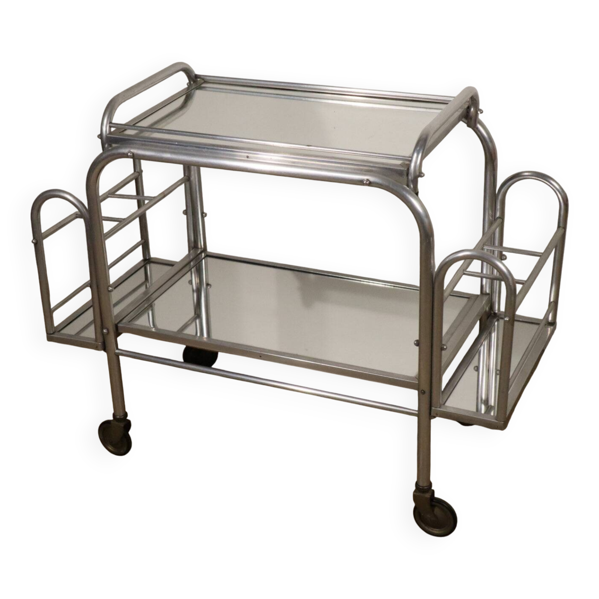 Desserte roulante vintage années 70 en métal chromé et verre miroir