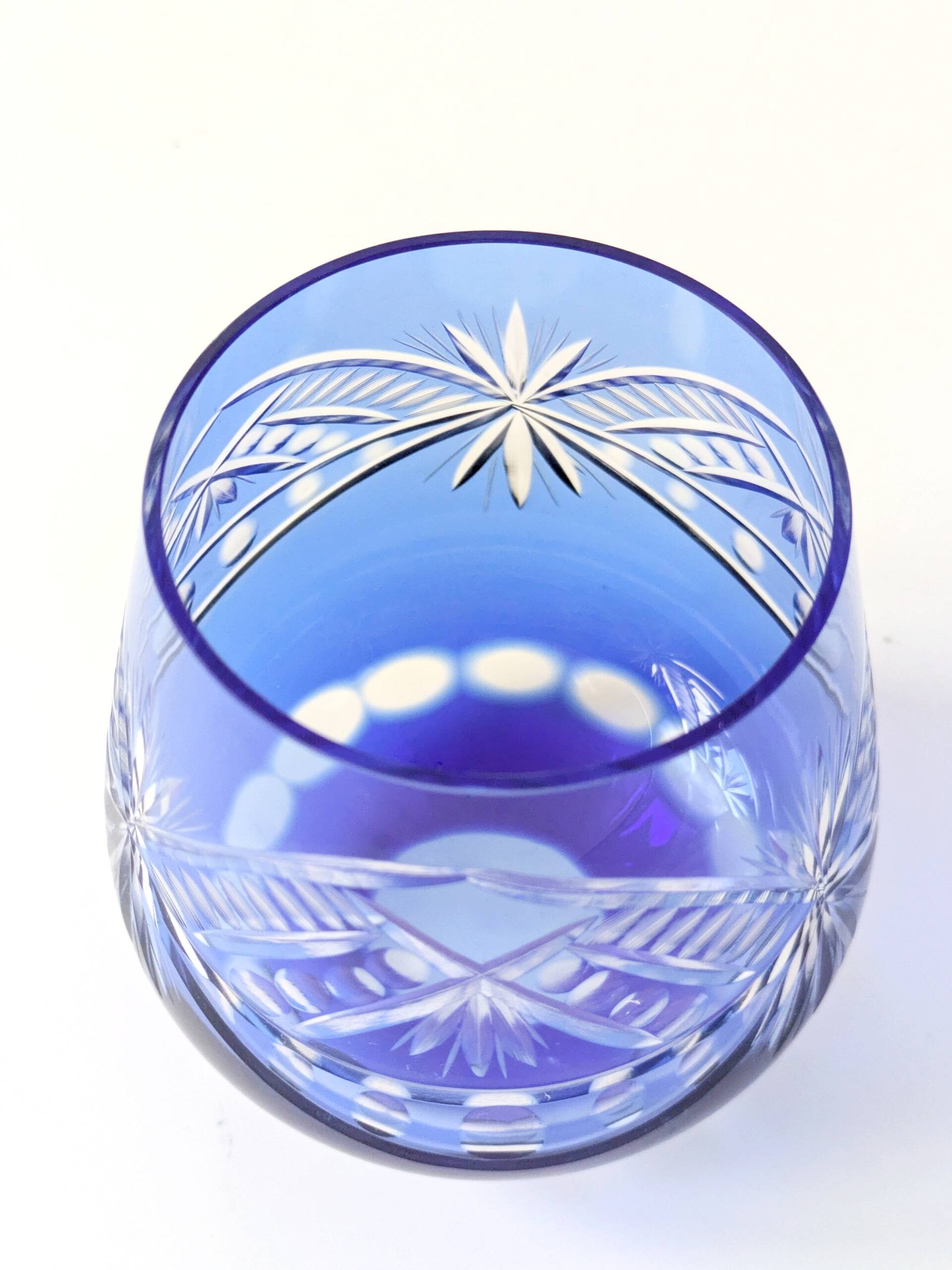 Set of 4 vintage cobalt blue cut glass Römer-style glasses.