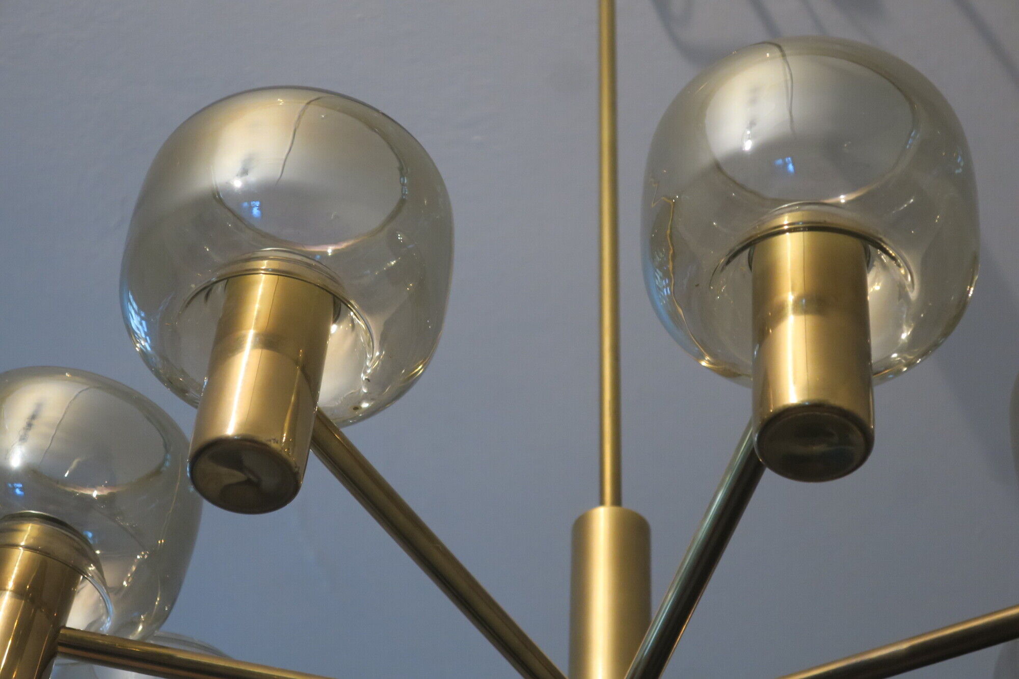 Mid-century 8-arm brass & glass chandelier