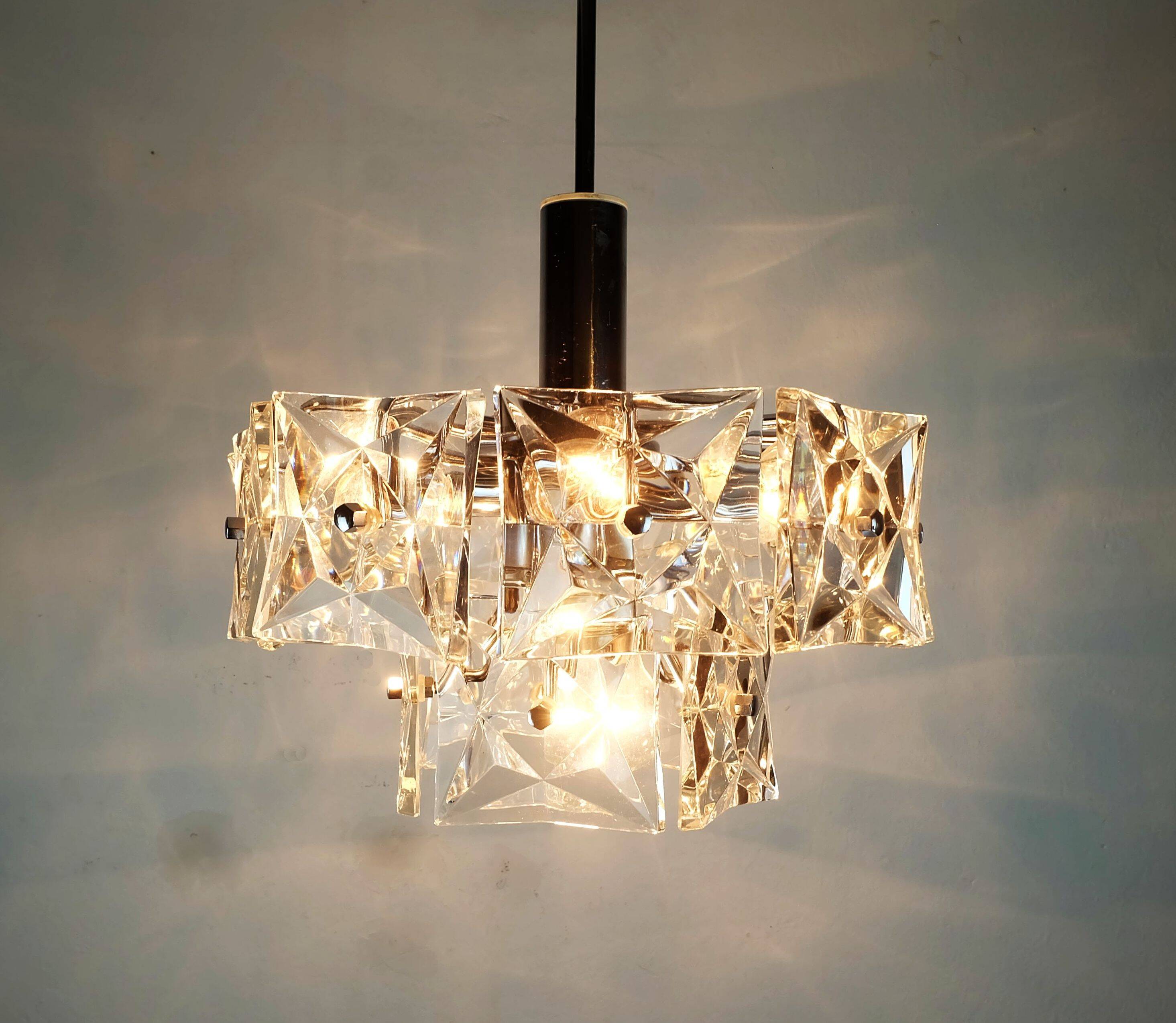elegant 2-tier kinkeldey mid century PENDANT LIGHT crystal glass and chrome