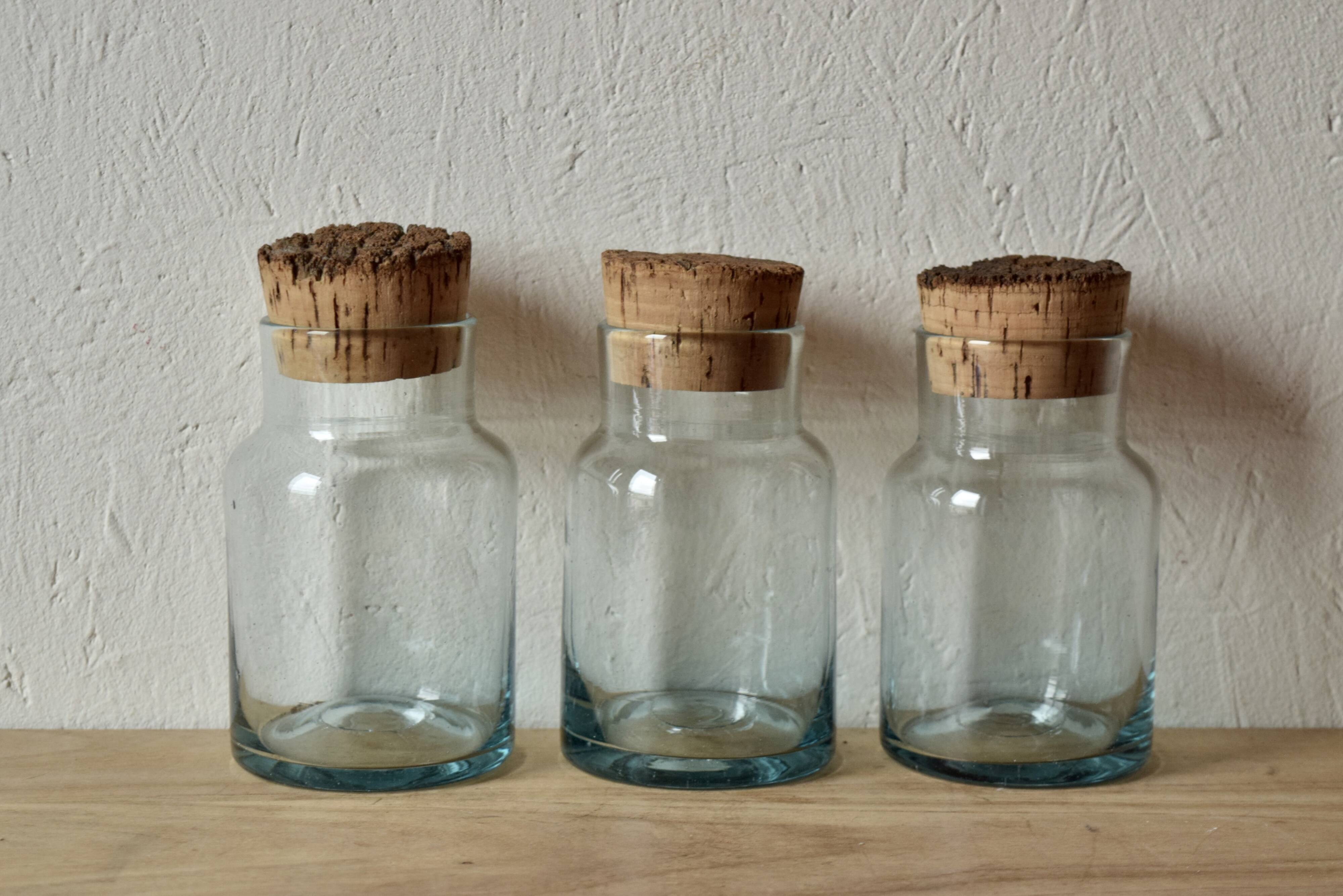 Set of 3 old blown glass pots and cork stoppers