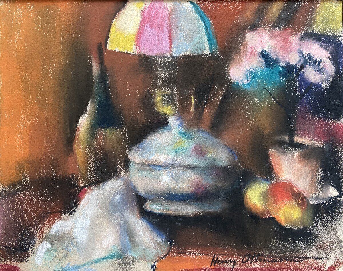 Still life with lamp, signed pastel