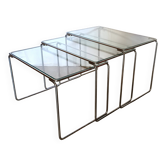 3 nesting tables in chrome metal and glass, 1970s.