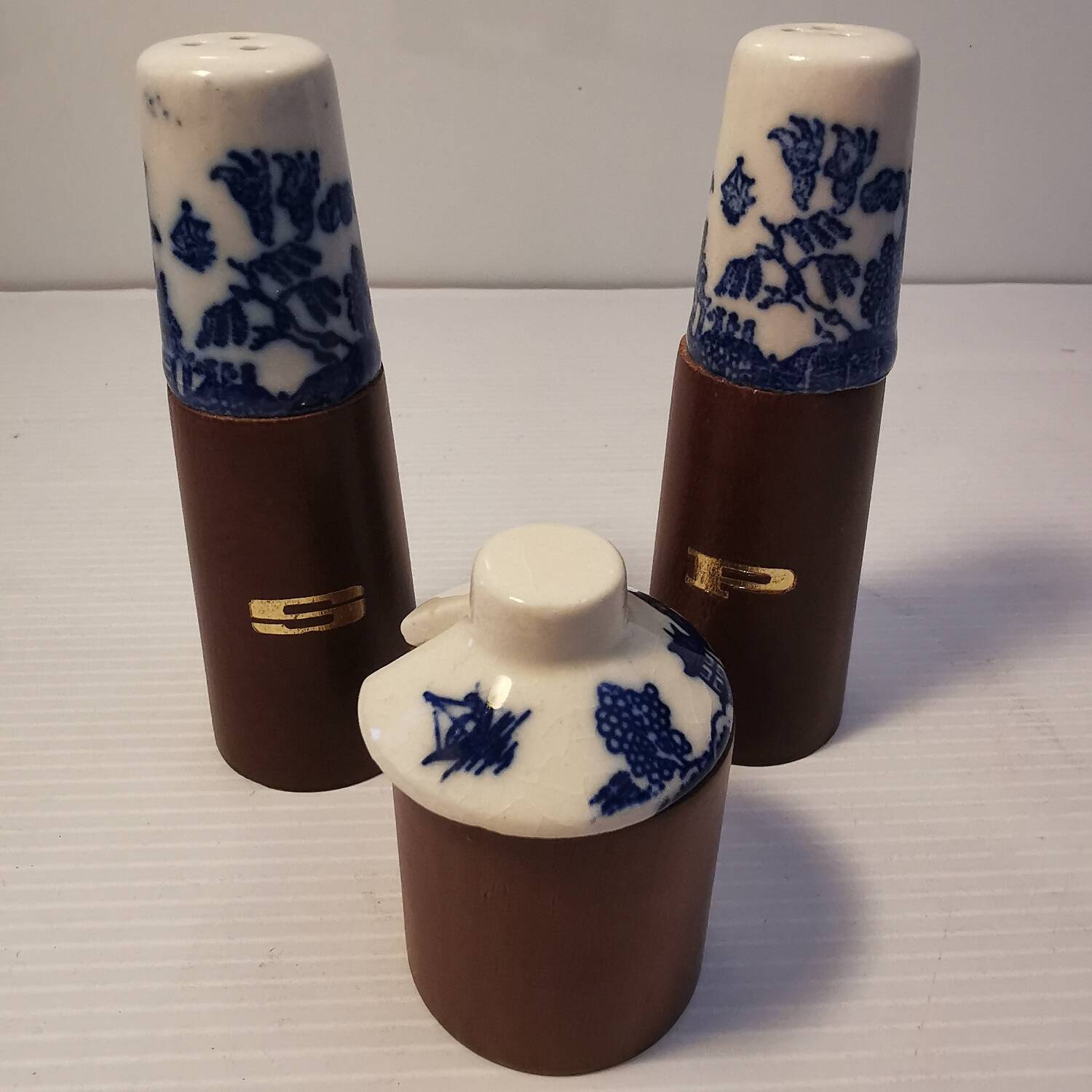 Vintage salt shaker, pepper shaker and mustard pot set in wood and ceramic